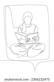 One continuous line of speech bubble with girl reading a book. Thin Line Illustration vector education concept. Contour Drawing Creative ideas.
