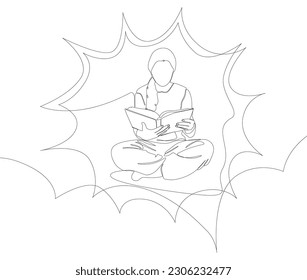 One continuous line of speech bubble with girl reading a book. Thin Line Illustration vector education concept. Contour Drawing Creative ideas.