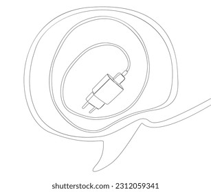 Una línea continua de burbuja de voz con cargador de Smart Phone. Concepto vectorial de Ilustración de líneas delgadas. Contour Drawing Ideas Creativas.