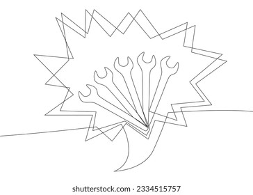 One continuous line of speech bubble with Wrench. Thin Line Illustration vector concept. Contour Drawing Creative ideas.
