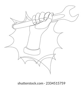 One continuous line of speech bubble with Wrench. Thin Line Illustration vector concept. Contour Drawing Creative ideas.