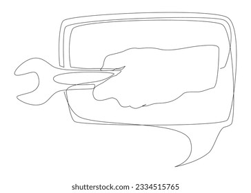 One continuous line of speech bubble with Wrench. Thin Line Illustration vector concept. Contour Drawing Creative ideas.