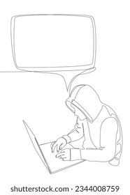 One continuous line of speech bubble with Computer Hacker. Thin Line Illustration vector concept. Contour Drawing Creative ideas.