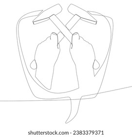 One continuous line of speech bubble with hammer. Thin Line Illustration Tool vector concept. Contour Drawing Creative ideas.