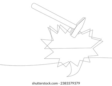 One continuous line of speech bubble with hammer. Thin Line Illustration Tool vector concept. Contour Drawing Creative ideas.