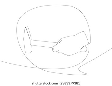 One continuous line of speech bubble with hammer. Thin Line Illustration Tool vector concept. Contour Drawing Creative ideas.