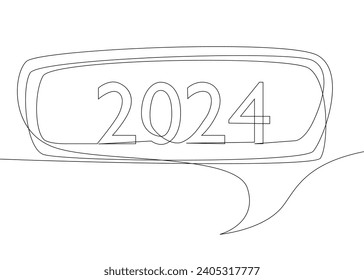One continuous line of speech bubble with 2024 number. Thin Line Illustration vector concept. Contour Drawing Creative ideas.