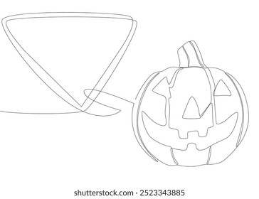 Uma linha contínua de balão de fala com abóbora de Halloween. Linha fina Jack O' Lanterna Ilustração conceito de vetor. Desenho de contorno Ideias criativas.