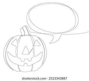 Uma linha contínua de balão de fala com abóbora de Halloween. Linha fina Jack O' Lanterna Ilustração conceito de vetor. Desenho de contorno Ideias criativas.