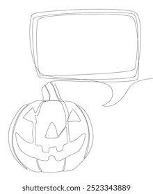 Uma linha contínua de balão de fala com abóbora de Halloween. Linha fina Jack O' Lanterna Ilustração conceito de vetor. Desenho de contorno Ideias criativas.