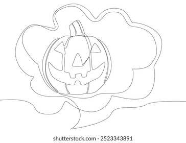 Uma linha contínua de balão de fala com abóbora de Halloween. Linha fina Jack O' Lanterna Ilustração conceito de vetor. Desenho de contorno Ideias criativas.