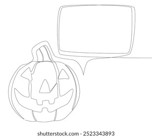 Uma linha contínua de balão de fala com abóbora de Halloween. Linha fina Jack O' Lanterna Ilustração conceito de vetor. Desenho de contorno Ideias criativas.