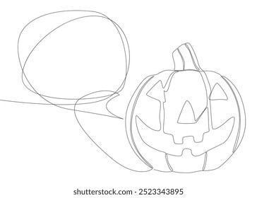 Uma linha contínua de balão de fala com abóbora de Halloween. Linha fina Jack O' Lanterna Ilustração conceito de vetor. Desenho de contorno Ideias criativas.