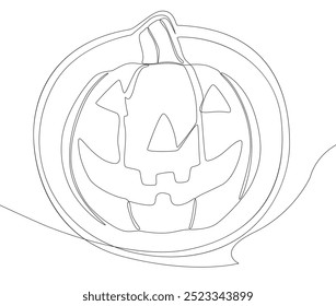 Uma linha contínua de balão de fala com abóbora de Halloween. Linha fina Jack O' Lanterna Ilustração conceito de vetor. Desenho de contorno Ideias criativas.