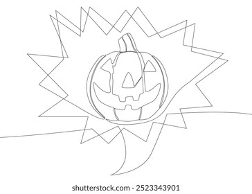 Uma linha contínua de balão de fala com abóbora de Halloween. Linha fina Jack O' Lanterna Ilustração conceito de vetor. Desenho de contorno Ideias criativas.