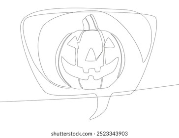 Uma linha contínua de balão de fala com abóbora de Halloween. Linha fina Jack O' Lanterna Ilustração conceito de vetor. Desenho de contorno Ideias criativas.