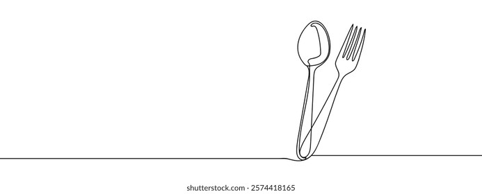 One continuous line, spoon and fork, dining table line art vector illustration with transparent background.