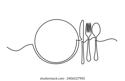 One continuous line spoon, knife, and fork.single line Cutlery design. Cutlery vector restaurant logo stock illustration kitchen elements, equipment.