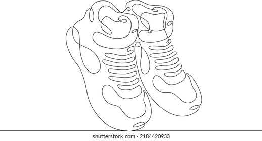 One continuous line. Sport shoes. Nice high top sneakers. Sneakers for every day. One continuous line is drawn on a white background.