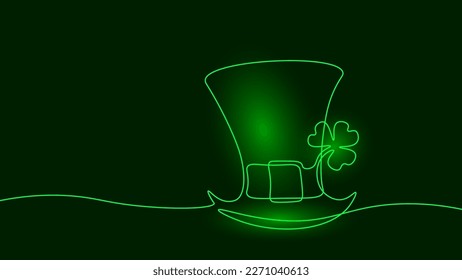 One continuous line St Patrick hat with clover silhouette. Irish holiday spring greeting card concept. Hand drawn sketch doodle leprechaun character part vector illustration