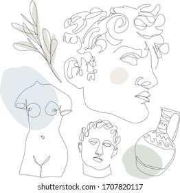 One continuous line statues, vases, leaves. International Museum Day, May 18. Vector line art. Perfect for flyer, card, poster, booklet