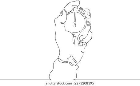 One continuous line. Stopwatch in hand. The hand holds a sports stopwatch. The coach fixes the time. One continuous line drawn isolated, white background.