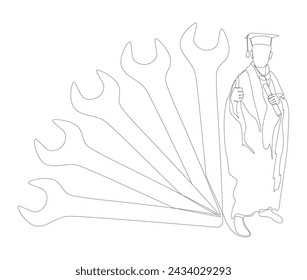 One continuous line of Student with diploma, Mortarboard and wrench. Thin Line Illustration vector concept. Contour Drawing Creative ideas.