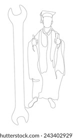 Eine durchgehende Linie von Student mit Diplom, Mortarboard und Schraubenschlüssel. Dünne Linie Illustrationsvektorkonzept. Konturzeichnung Kreative Ideen.