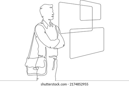 One continuous line. The student reads the information on the screen. Learning with the help of new high technologies. Multiscreen in education. A young man in front of the screens. One draw line