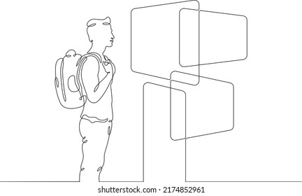 One continuous line. The student reads the information on the screen. Learning with the help of new high technologies. Multiscreen in education. A young man in front of the screens. One draw line
