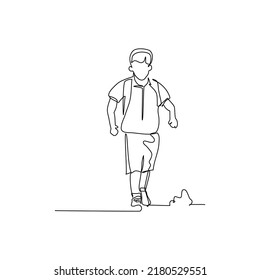 One continuous line of a student walking with backpack to school. Minimalist style vector illustration in white background.
