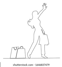 One continuous line style young shopping woman with bags stopping taxi. 