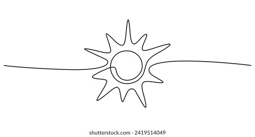Un esbozo de sol de línea continua. Dibujo de dibujos de dibujos animados, icono luminoso lineal soleado aislado. Razo editable, diseño de pie de vector