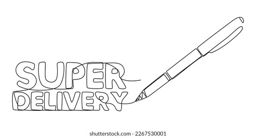 One continuous line of Super  Delivery text written with a pencil, felt tip pen. Thin Line Illustration vector concept. Contour Drawing Creative ideas.