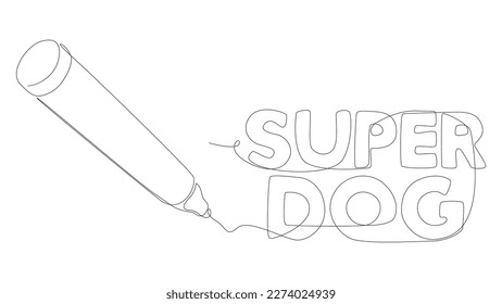 One continuous line of Super Dog text written with a pencil, felt tip pen. Thin Line Illustration vector concept. Contour Drawing Creative ideas.
