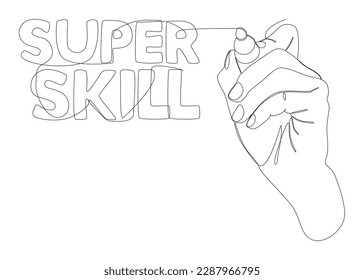 One continuous line of Super Skill word written by with felt tip pen. Thin Line Illustration vector concept. Contour Drawing Creative ideas.