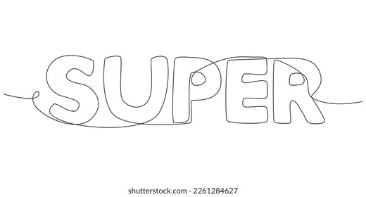 One continuous line of Super word. Thin Line Illustration vector concept. Contour Drawing Creative ideas.