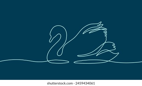  One continuous line swan bird on water surface in line art drawing style. Black ink linear sketch. Print swan outline black and white vector illustration