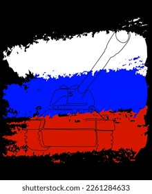 One continuous line of tank or armored vehicle with flags color in the background. Thin Line Illustration vector concept. Contour Drawing Creative ideas.