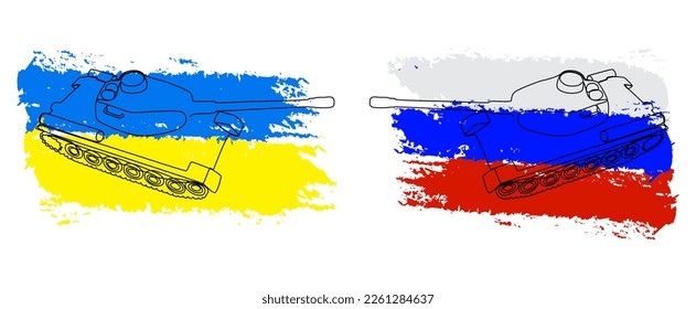 Eine durchgehende Linie aus Tank oder gepanzerten Fahrzeugen mit Flaggenfarbe im Hintergrund. Leuchtzeilenvektorkonzept Erstellen Sie kreative Ideen.