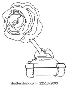 Eine durchgängige Tanklinie mit Rose am Ende der Kanone. Leuchtzeilenvektorkonzept Erstellen Sie kreative Ideen.