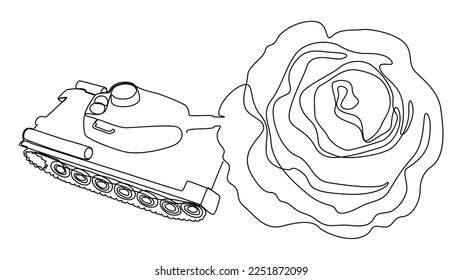 Una línea continua de tanque con rosa en el extremo del cañón. Concepto vectorial de Ilustración de líneas delgadas. Contour Drawing Ideas Creativas.