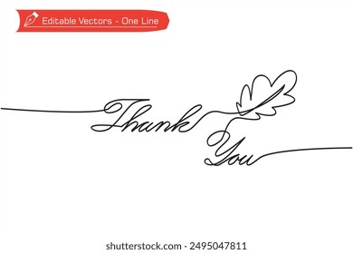 One continuous line of Thank You letters with autumn leaves ornament. Vector illustration of simple continuous line handwritten lettering Thank You for a gift card.