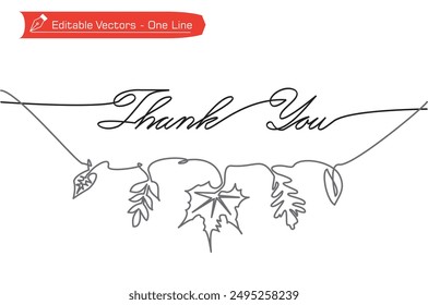 One continuous line of Thank You letter with hanging autumn leaves decorative ornament. Vector illustration of handwritten thank you letter for greeting cards, gifts and parcels.
