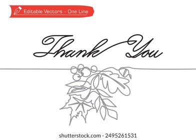 One continuous line of Thank You letters with cute fall plant decorations. Vector illustration of simple line handwritten Thank You with leaf ornament for gift card, parcel, order.