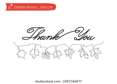 One continuous line Thank You letter with handwritten. Simple line saying Thank You with hanging autumn leaves decoration for greeting card.