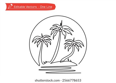 One continuous line of three coconut trees bearing fruit on beach island with circle frame. Vector illustration of coconut trees on beach and circle as beach scene icon. Sunset, sunrise, full moon.