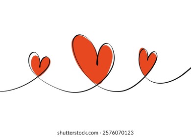 One continuous line three heart drawing. Abstract romantic love symbol for valentines day greeting card, doodle linear fine line red hearts sketch. Vector illustration.