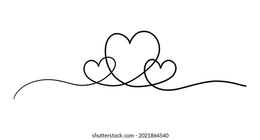 One continuous line three hearts. Hand drawn minimal love icon, doodle single line romance symbol. Vector art design