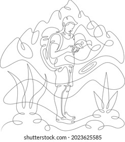 One continuous line.
Tourist with a map and a backpack. Climber in shorts against the background of mountains.
One continuous drawing line logo isolated minimal illustration.